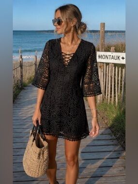 Tularosa Coral Lace Mini Dress Black Resort Cocktail Vacation XS/S